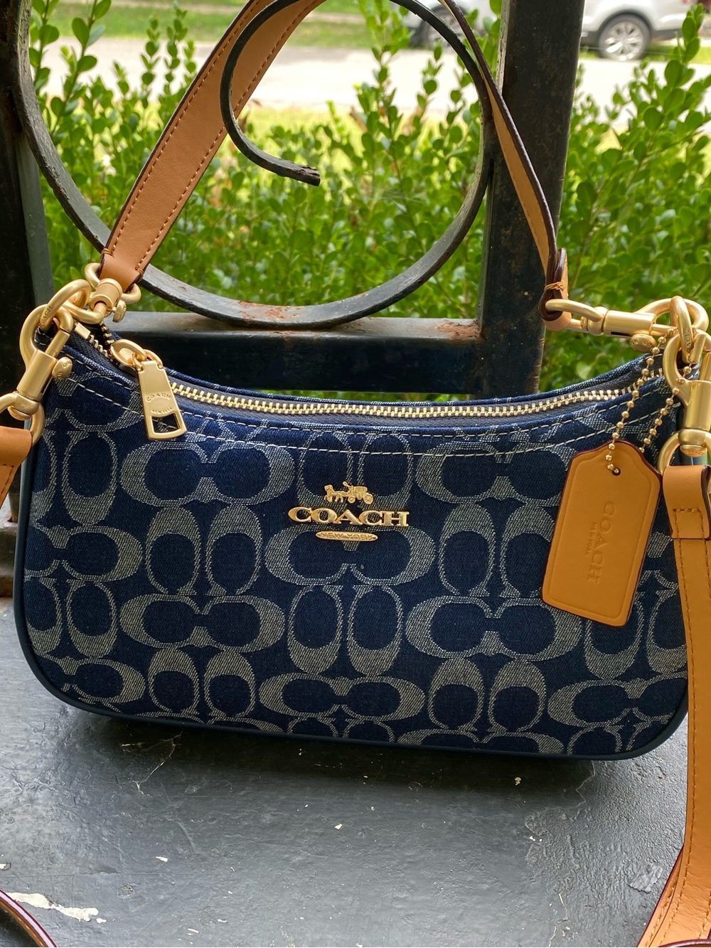COACH NOT AUTHENTIC Navy Signature Denim Hobo Shoulder Bag with Tan Leather Trim